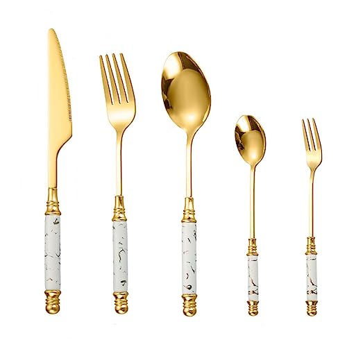 HASTHIP Set of 5 Cutlery Set, Stainless Steel Spoon and Fork Set, Cutter, Fork Tablespoon, Dessert Spoon, Fruit Fork, Exquisite Ceramic Handle Cutlery, Gift Cutlery for Festival (White) HASTHIP Set of 5 Cutlery Set, Stainless Steel Spoon and Fork Set, Cutter, Fork Tablespoon, Dessert Spoon, Fruit Fork, Exquisite Ceramic Handle Cutlery, Gift Cutlery for Festival (White)